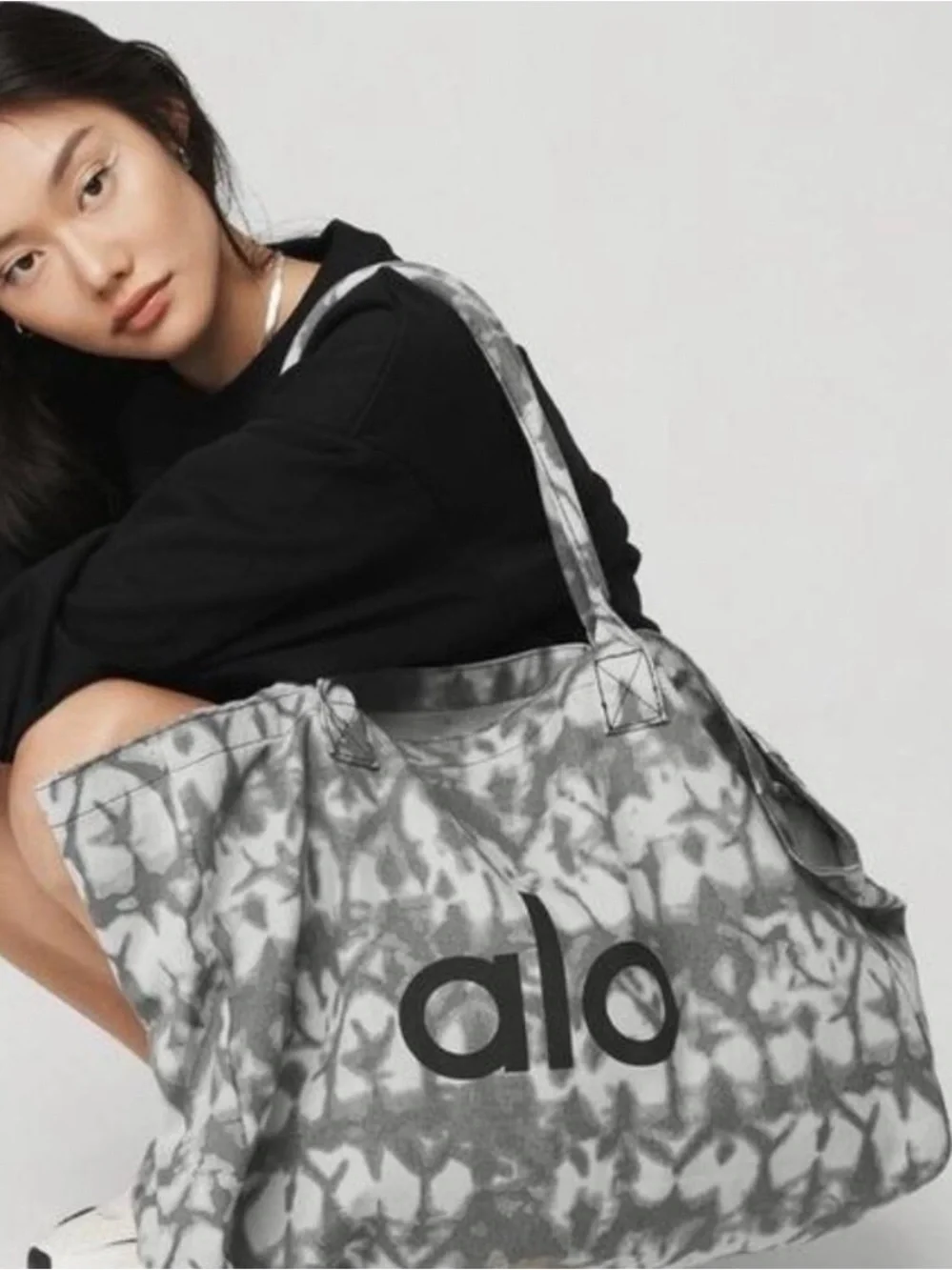 alo Gray Tie Dye Yoga Pilates Shopper Beach Camvas Tote Bag
